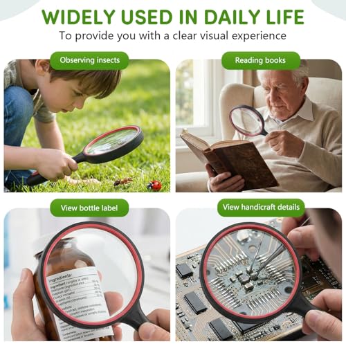 SenseYo 10X Handheld Magnifying Glass 9 Inch Large Reading Magnifier with Scratch Resistant Glass Lens for Kids Seniors Hobby Nature Exploration Scientific Activities (Red) - color: Red 1pcs