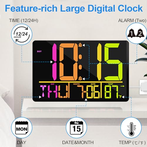 PERSUPER 13" Digital Wall Clock Large Display with Remote, Temp & Timer - style: RGB