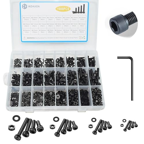 1080 Pcs M2 M3 M4 M5 Screws Assortment Kit, Metric Hex Socket Head Cap Screws Nuts Washers Kit with Wrenches Grade 12.9 Alloy Steel, Black Zinc Plated, Anti Rust Upgrade - size: M2-M5 1080Pcs 4mm-20mm