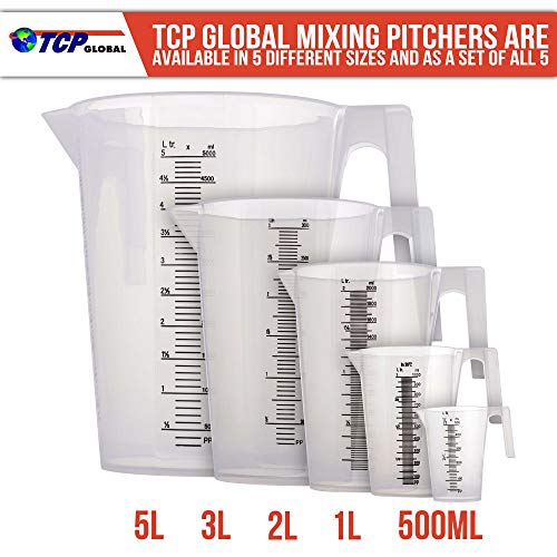 TCP Global 5 Piece Set of Plastic Graduated Measuring and Mixing Pitchers - size: 500-5000ml Set