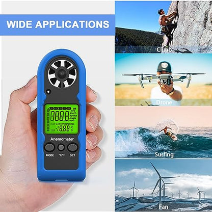 HoldPeak Handheld Anemometer Mini, 65MPH Small Wind Speed Meter Gauge Air Flow Velocity Temperature Measuring Device for Outdoor Sailing Surfing Drone Flying Golf Shooting HVAC 816BH - color: HP-816B-with Blue Sheath-1PC