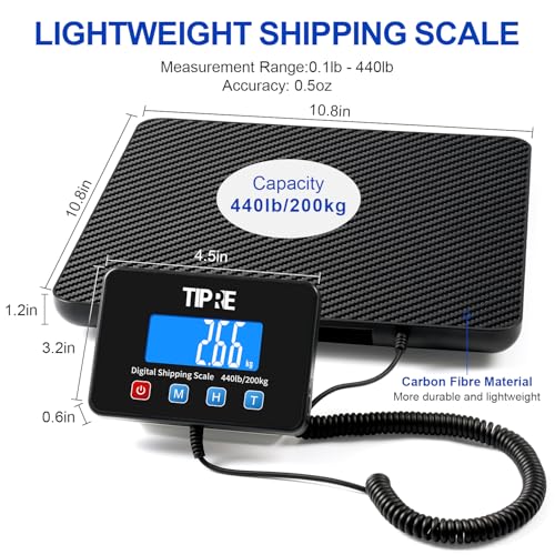 TIPRE Shipping Scale 440lbs for Packages,Lightweight Carbon Fibre Heavy Duty Digital Postal Scale,0.5 oz High Accuracy Commercial Scale with Charging Cable & Batteries for Small Business,Warehouse - size: 440lb- Black Carbon Fibre