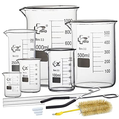 14PCS Glass Beaker Set, 6 Sizes - 10ml 50ml 100ml 250ml 500ml 1000ml Graduated Beakers + 11" Beaker Tongs + 3pcs Glass Stirring Rods + 3pcs Magnetic Stir Bar + 1000ml Beaker Brush - size: 10ml 50ml 100ml 250ml 500ml 1000ml, style: Beakers+Tongs+Rods+Stir