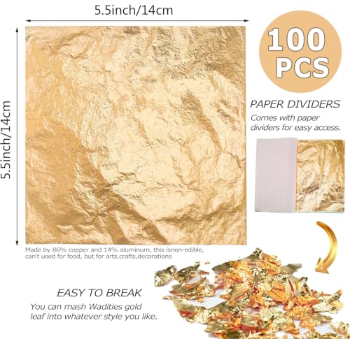 Wadities 100pcs Imitation Champagne Gold Leaf Sheets, 14 x 14 cm Gold Foil Multipurpose Gold Leaf for Nail, Art & DIY Project, Picture Frame, Home Wall, Interior and Multi Artistic Decoration - color: CHAMPAGNE GOLD
