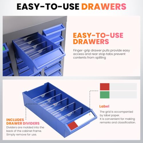 100 Drawer Alloy Steel Nut and Bolt Organizer, ABS Material Bolts Organizer, 26" L×9" W×46" H Drawer Parts Storage Cabinet, with Dividers and Labels for Laboratory, Studio, Home Use/Blue - size: 100 Drawer