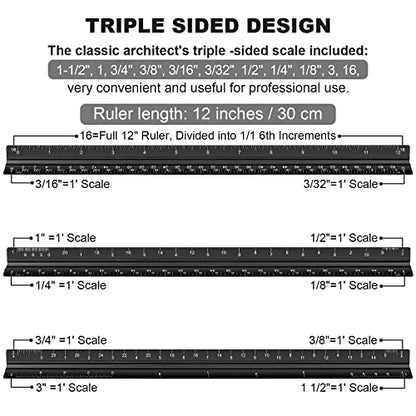 Architectural Scale Ruler, 12 Inch Aluminium Architect Scale Ruler, Imperial Metal Engineers Triangular Ruler for Architects, Students and Draftsmen, Laser Etched Markings - color: Black