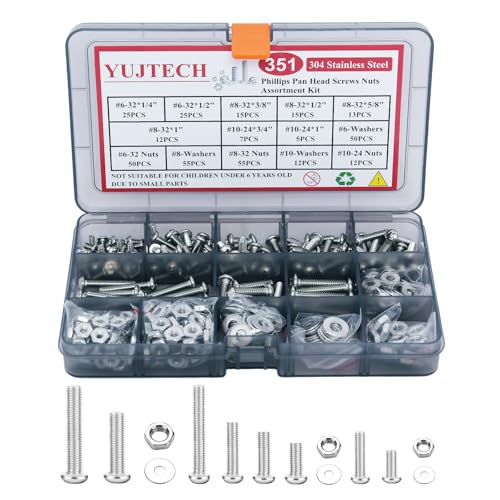 351Pcs Machine Screws Assortment Kit,#6-32#8-32#10-24 Stainless Steel Screws Set with Nuts Bolts and Flat Washers, for Electronics Furniture Automotive Repair & DIY Projects