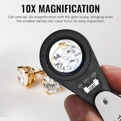 10x Foldable Pocket Magnifier Loupe with UV and LED Light for Jewelry, Rocks, Coins, and Antiques - Illuminated Magnifying Tool for Eye, Stamps, Watches, Hobbies, and Gems - color: 10x Magnification
