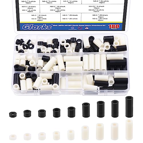 Glarks 180Pcs Nylon Round Spacer Assortment Kit for M5 Screws, Electrical Outlet Screws Spacers, Black and White ABS Round Washers Hardware Spacer Bracket for Electrical Screws Switch and Receptacle - size: M5 (Black and White)