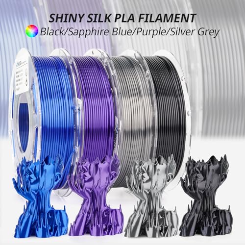 AMOLEN Silk 3D Printer Filament Bundle, PLA Filament 1.75mm Pack, Shiny 3D Printing Filament for Most FDM 3D Printer, Black, Purple, Silver Grey, Sapphire Blue, 200g X 4 - color: Black/Purple/Silver Grey/Sapphire Blue