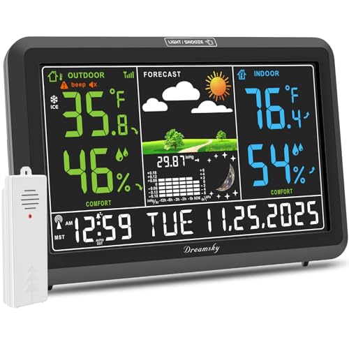 DreamSky Weather Station Indoor Outdoor Thermometer Wireless, Atomic Clock - color: Black with 1 sensor