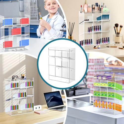 Acrylic Test Tube Rack, Clear Tube Holder Organizer Stand with 9 Compartments, Extra Bottom Storage, and 4 Pull-Out Trays, Wall Mount or Countertop for Lab, Hospital, Office, 16"H x 12"W x 5.5"D - size: 9 Compartment 16" H x 12" W x 5.5" D