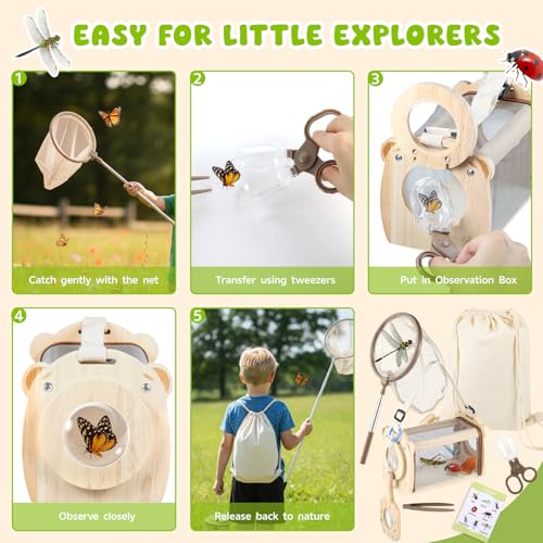 GAGAKU Wooden Bug Catcher Kit for Kids 4-8, 9PCS Outdoor Nature Exploration Set with Expandable Butterfly Net, Magnifying Glass, STEM Learning Game Cards, Educational Catching Toy for Backyard Camping - color: Rectangle