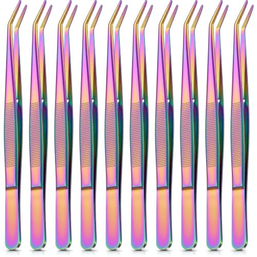 Honoson 10 Pcs Stainless Steel Tweezers for Crafting Forceps,Iridescent - color: Iridescent