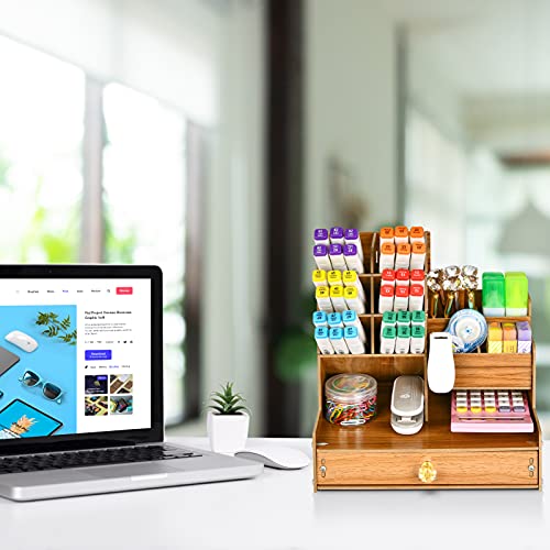 Marbrasse Upgraded Wooden Pencil Holder, Pen Organizer for Desk, Easy Assembly, Art Supply Organizer, Desktop Stationary (Cherry) - color: B17 Cherry