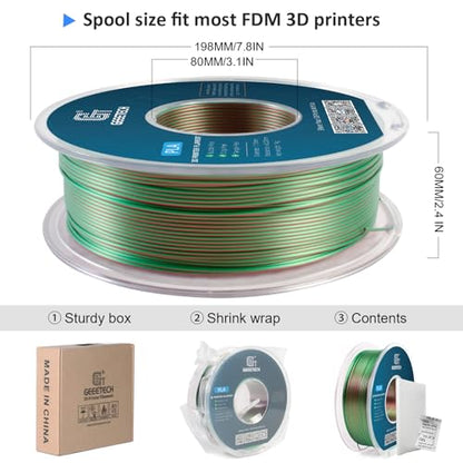 Geeetech Silk PLA Filament 1.75mm Silk Dual Color Filament, Coextrusion Dichromatic Metal-Like Shiny Consumable 1kg (2.2lbs) 1 Spool, Dimensional Accuracy +/- 0.02 mm, Green Red - color: 1kg Dual Color Green-red