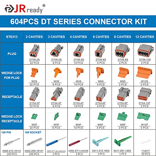 JRready ST6313 Deutsch DT 2/3/4/6/8/12 Pin Connector Kit, Solid Contacts - size: DT Kit (604pcs)