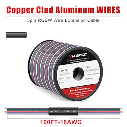 VIABRICO 100ft RGBW LED Extension Cable 18 Gauge 5Pin 12V DC Electrical Wire 5 Colors 18AWG Wires with 10PCS shrinkable Tubes for RGBW 3528 5050 Led Strip Copper Clad Aluminum Copper Wire (Pack of 2) - size: 100ft-18 AWG (Pack of 2)