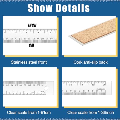 2 Pieces 36 Inch Metal Yard Stick Non-slip Ruler with Cork Backing Stainless Steel Metal Ruler Large Edge Rulers Yard Stick with Inch and Centimeters Drafting Office Tool Prevent Ink Leakage