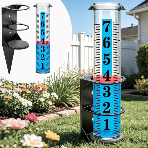 JMBay Rain Gauge Outdoor,7" Rain Gauges Outdoors Best Rated with Metal Rack Holder, Freeze Proof Rain Measure Gauge, Easy to Read with Red Float, Large Font Plastic Replacement Tube for Yard Garden