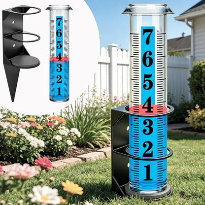 JMBay Rain Gauge Outdoor,7" Rain Gauges Outdoors Best Rated with Metal Rack Holder, Freeze Proof Rain Measure Gauge, Easy to Read with Red Float, Large Font Plastic Replacement Tube for Yard Garden