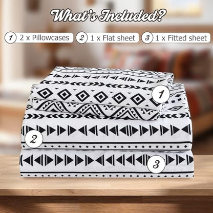 CozySmile Boho Printed Sheet Set Queen Size 4 Piece,Soft & Breathable Bedding Deep Pocket 16" Cooling Wrinkle Free Comforter Bed Set Western Sheets Geometric(Queen, Black White Geometric) - color: B-black White Geometric, size: Queen