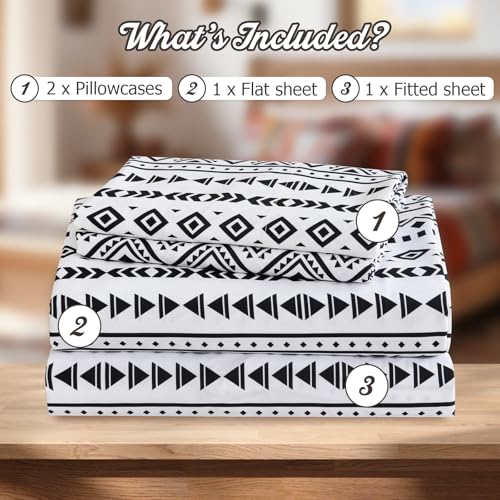 CozySmile King Size Sheet Set 4 Piece,Soft & Breathable Bedding Deep Pocket 16" Cooling Wrinkle Free Comforter Bed Set Western Sheets Geometric(King, Black White Geometric) - color: B-black White Geometric, size: King