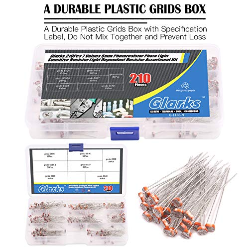 Glarks 210Pcs 7 Values 5mm GM5506 GM5516 GM5528 GM5537 GM5537-2 GM5539 GM5549 Photoresistor Photo Light Sensitive Resistor Light Dependent Resistor Assortment Kit