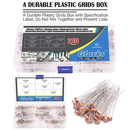 Glarks 210Pcs 7 Values 5mm GM5506 GM5516 GM5528 GM5537 GM5537-2 GM5539 GM5549 Photoresistor Photo Light Sensitive Resistor Light Dependent Resistor Assortment Kit
