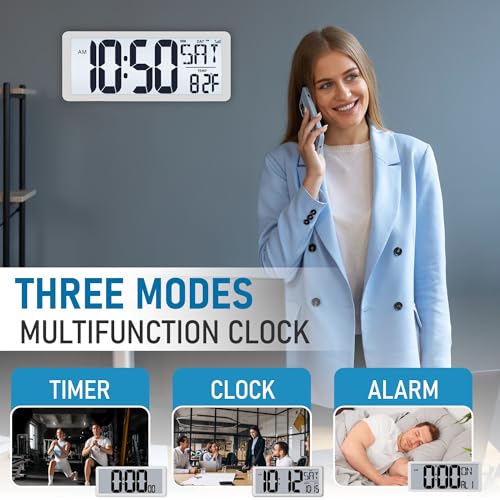 TXL Atomic Clock with Backlight, 14.2" Digital Wall Clock, Battery Operated, Large Display with Day, Date & Temperature, Bedroom, Living Room, Office - color: White Atomic Backlight-14.2in