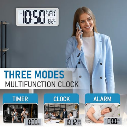 TXL Atomic Clock with Backlight, 14.2" Digital Wall Clock, Battery Operated, Large Display with Day, Date & Temperature, Bedroom, Living Room, Office - color: White Atomic Backlight-14.2in