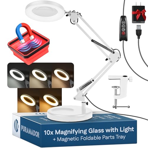 10X Magnifying Lamp - Desk Magnifying Glass with Light, Lighted Magnifying Glass with Stand, Magnifying Light, 5 Color Modes, 2 Mounting Options, USB Cable, Adapter & Magnetic Tray, White