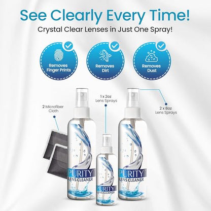 Purity Eyeglass Lens Cleaner Kit - 2 x 8oz and 1 x 2oz Lens Cleaner - style: 5 Piece Set - 2 (8oz + 1 (2 Oz Lens Spray)) + 2 (Microfiber Cloth)
