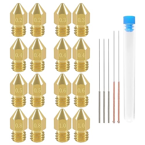 Aokin 16 Pcs 3D Printer Nozzles MK8 Extruder Nozzles 0.2/0.3/0.4/0.5/0.6/0.8/1.0mm and 5 Pcs 0.2/0.3/0.4/0.5/0.6mm Nozzle Cleaning Needles for Creality Ender 3/3 Pro/3 V2, Ender 5/5 Pro, CR-10/10S