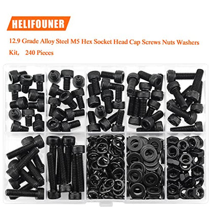 HELIFOUNER 240 Pieces M5 x 6mm /8mm /10mm /12mm /16mm /20mm /25mm, Hex Socket Head Cap Screws Bolts Washers Nuts Kit, 12.9 Grade Alloy Steel, Full Threaded, Black - size: M5, style: Socket Head