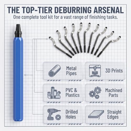 Deburring Tool Kit with 10 HSS Replacement Blades, Burr Removal Tool for Metal, Plastic, Resin, PVC Pipe and 3D Printed Parts