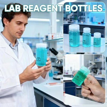 DEMORA Plastic Bottles with Airtight Caps 1oz/30ml, Food Grade Wide Mouth Liquid Containers, Reusable PP Graduated Measuring Bottles for Water Sample Lab Reagent Liquids Mixing (Clear, 4 Pcs)