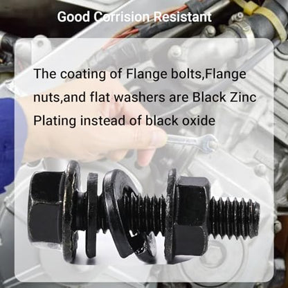 304Pcs Metric Flange Bolt and Nut Assortment, M6x1.0, M8x1.25 (12mm to 30mm) Assorted Hex Bolts and Nuts Washers Kit for Automotive, 10.9 Black Zinc Galvanized