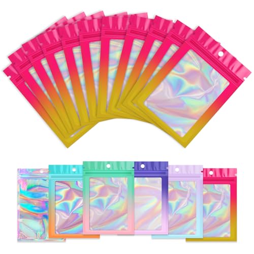 Funfery 100 Pack Gradient Holographic Bags,Mylar Resealable Bags with Zipper,Clear Window Packaging Pouchs,Smell Proof Bag for Food Storage,Sample Jewelry Bag(2.7x3.9In,Hot Pink Orange) - color: Hot Pink Orange, size: 2.7x3.9 Inch