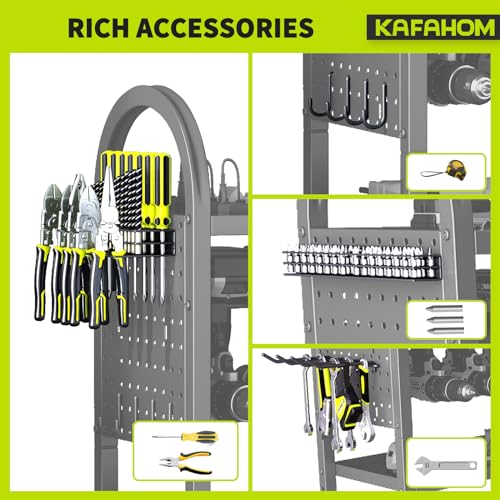 KAFAHOM Power Tool Organizer - 4 Tier Rolling Tool Cart with 8-12 Drill Holder,Tool Storage Cart on Wheels - Heavy Duty Metal Utility Tool Shelf for Garage, Workshop, Warehouse & Repair Shop - color: Black-no Power