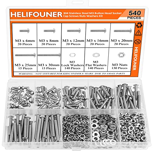 HELIFOUNER 540 Pieces M3 x 6mm /8mm /12mm /16mm /20mm /25mm /30mm, Button Head Socket Cap Screws Bolts Washers Nuts Kit, 304 Stainless Steel - size: M3, style: Button Head Screws