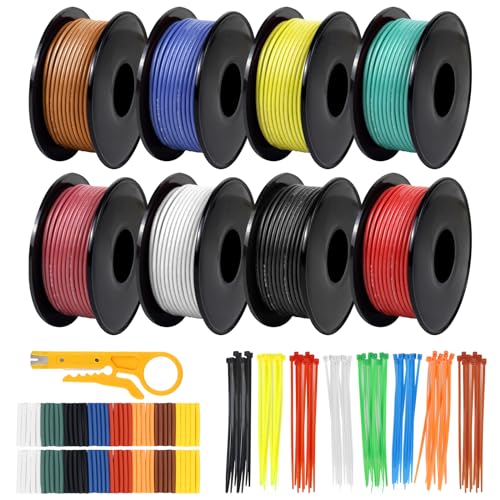 26 AWG Stranded Wire Spool, 50ft Each in 8 Colors - Silicone Electrical Tinned Copper Wire, 26 Gauge Flexible Hook Up Wire Kit for DIY, Automotive, Home, and Power Wiring - size: 50FT 8 Colors, style: 26AWG