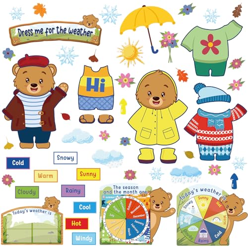 Gilprop 58 Pcs Dress for Weather Bulletin Board Set for Classroom, Bear - style: Bear