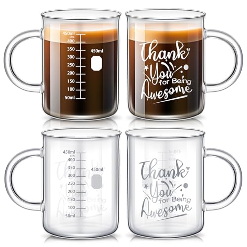 Hsei 4 Pack 16 oz Thank You for Being Awesome Beaker Mug Appreciation Molecule Mug with Handle Graduated Beaker Coffee Cup Borosilicate Glass, Measuring for Coffee, Latte, Tea, Beverage, 450ml - color: Thank You