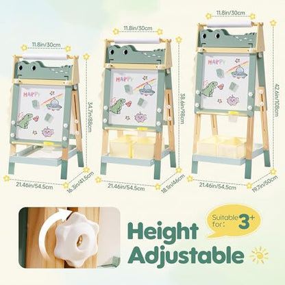 ROBOTIME Alligator Easel for Kids - 3-in-1 Adjustable Height Wooden Children Easel with Magnetic Whiteboard, Chalkboard & Paper Roll Holder, Fun Kid's Art Station for Boys & Girls Ages 3~12 Years