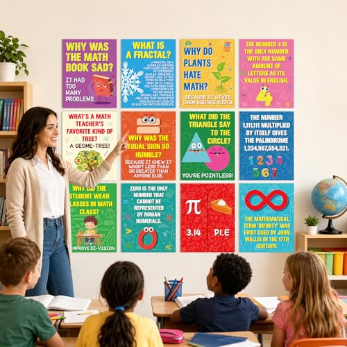 gisgfim 12Pcs Math Posters for Classroom Math Puns Poster Funny Mathematics Posters Bulletin Board Decorations Teacher Supplies for Elementary Middle High School Educational Wall Art Decor 14 x 11 In