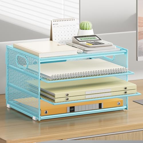4 Tier Paper Organizer with Handle,Letter Tray Blue Desk Organizer Set - color: Blue, size: 12.7" x 9.3" x 7.5"