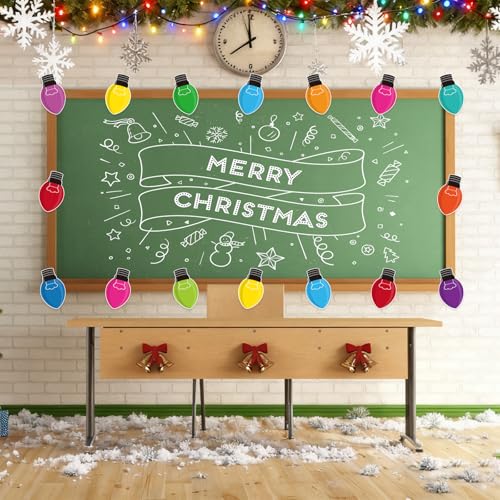 48Pcs Christmas Paper Cutouts, Colourful Xmas Light Bulbs Cut Outs Bulletin Board Decor for Winter Christmas Holiday Home Office Classroom Chalkboard Window Wall Door Decor - style: Light Bulb