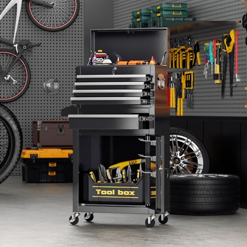 Oakcloud Heavy-Duty 5-Drawer Rolling Tool Chest & Cabinet Combo with Black Liner – Lockable Steel Garage Tool Box on Wheels – Detachable Top Toolbox & Bottom Storage Cart with Side Hooks, Black - color: Black, size: 5-drawer