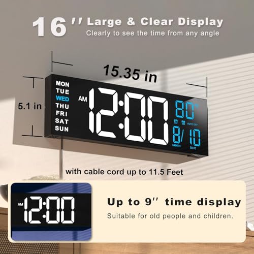 JALL 16" Large Digital Wall Mount Clock, Count Down Timer, Alarm, Big LED, RGB Color, DST, Temperature for Living Room Classroom Desk, Xmas, Birthday Gift for Senior Mom Dad (White Blue, 16 inches) - color: White Blue, size: 16 inches